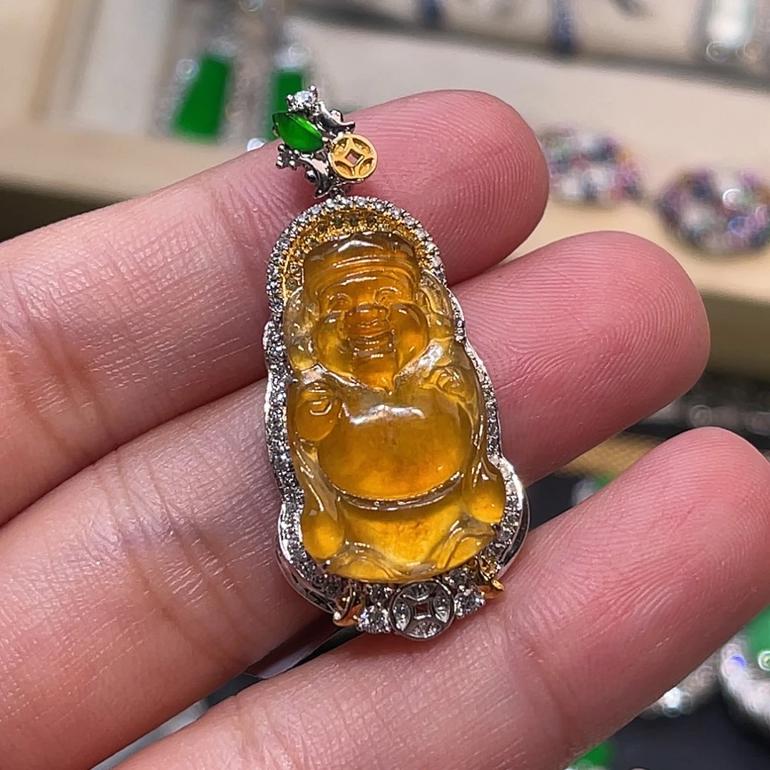 翡翠18K金镶嵌吊坠(不含链)黄翡财神爷