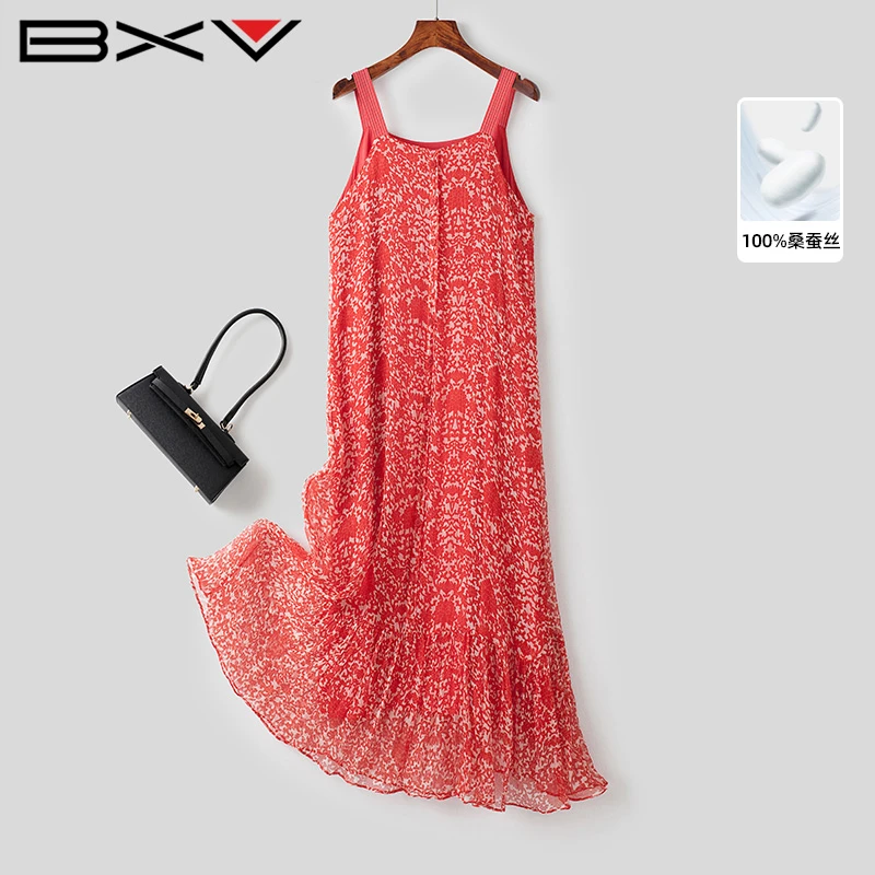 BXV红色碎花真丝连衣裙女2025夏季新款无袖吊带裙印花桑蚕丝长裙