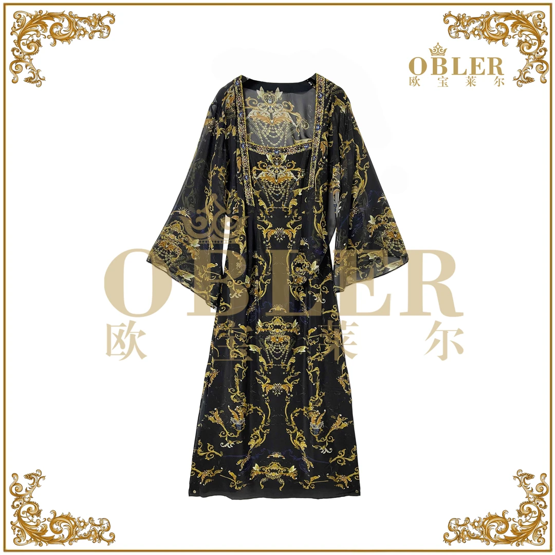 【欧宝莱尔】时尚气质轻奢优雅真丝两件套连衣裙114-24219  套装