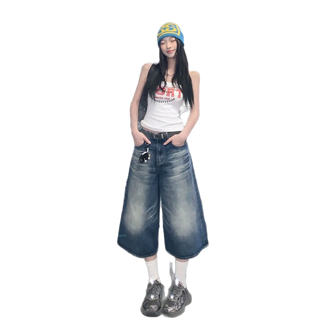 美式复古阔腿七分牛仔裤女夏季高腰显瘦宽松慵懒风休闲百搭直筒裤