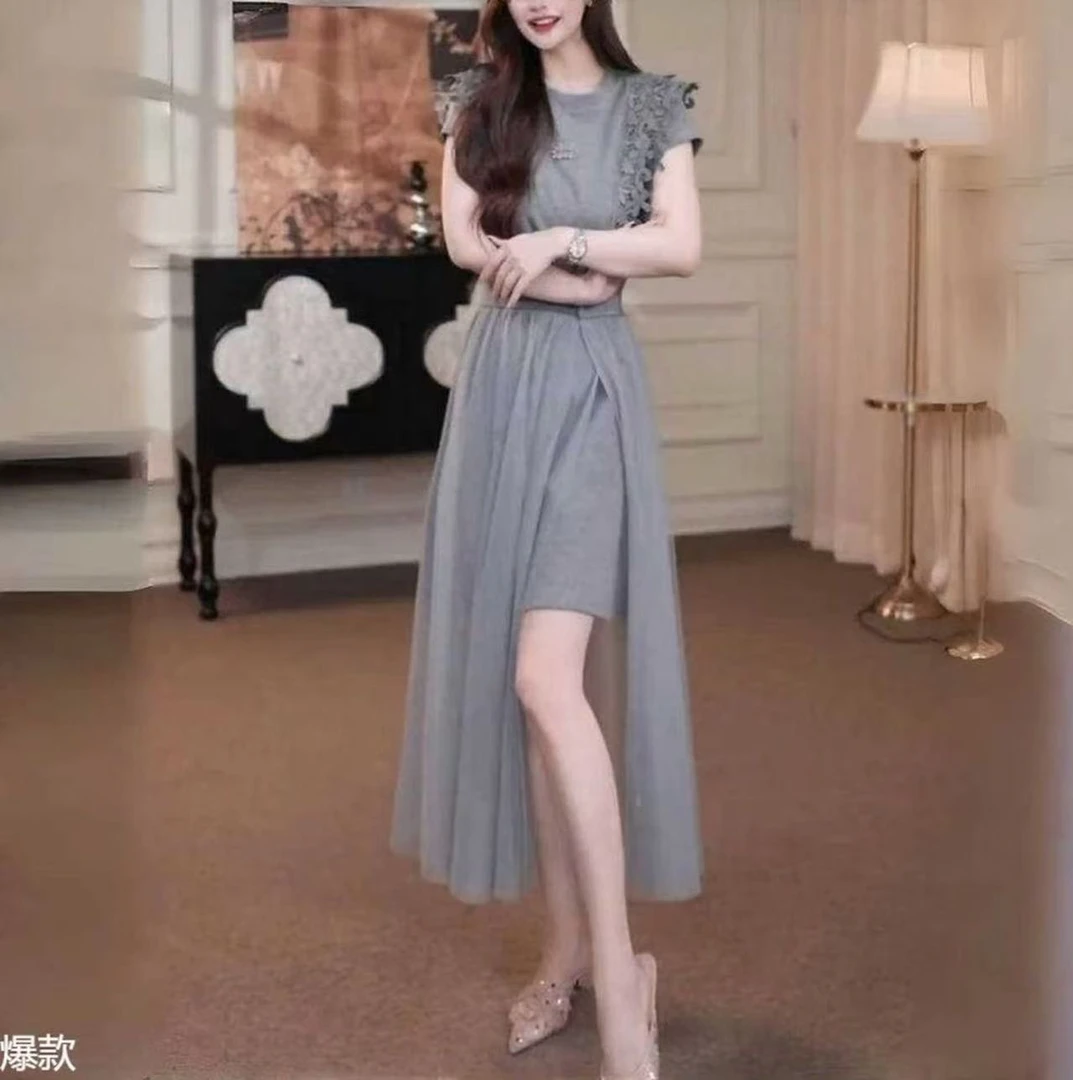 法式气质刺绣拼接短袖连衣裙女2025夏季新款网纱半身裙时尚两件套