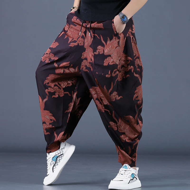 潮牌暗黑系宽松小脚哈伦裤男秋季灯笼裤刺绣潮流垂感休闲飞鼠裤子