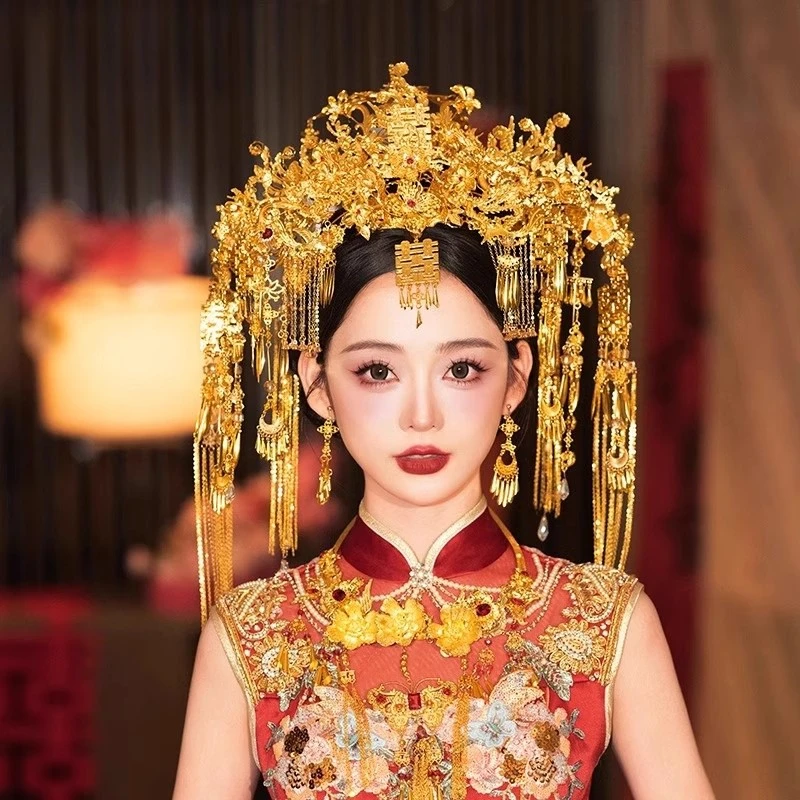 2025新款秀禾头饰新娘中式金红色简单凤冠大气结婚龙凤褂流苏发饰