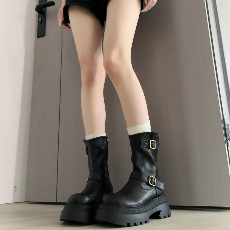 英伦风厚底马丁靴女款2025秋冬新款女靴子复古西部牛仔靴显瘦短靴