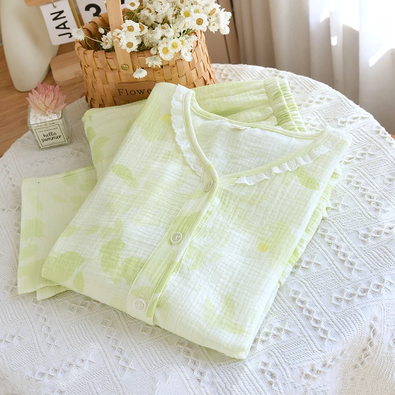 双层纱睡衣女100%纯棉A类抗菌V领宽松吸汗清新宽松全棉家居服套装