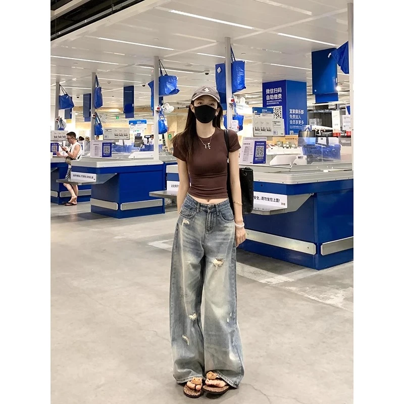 【现货发+运费险】小个子裤子美式破洞阔腿牛仔裤女宽松显瘦长裤潮