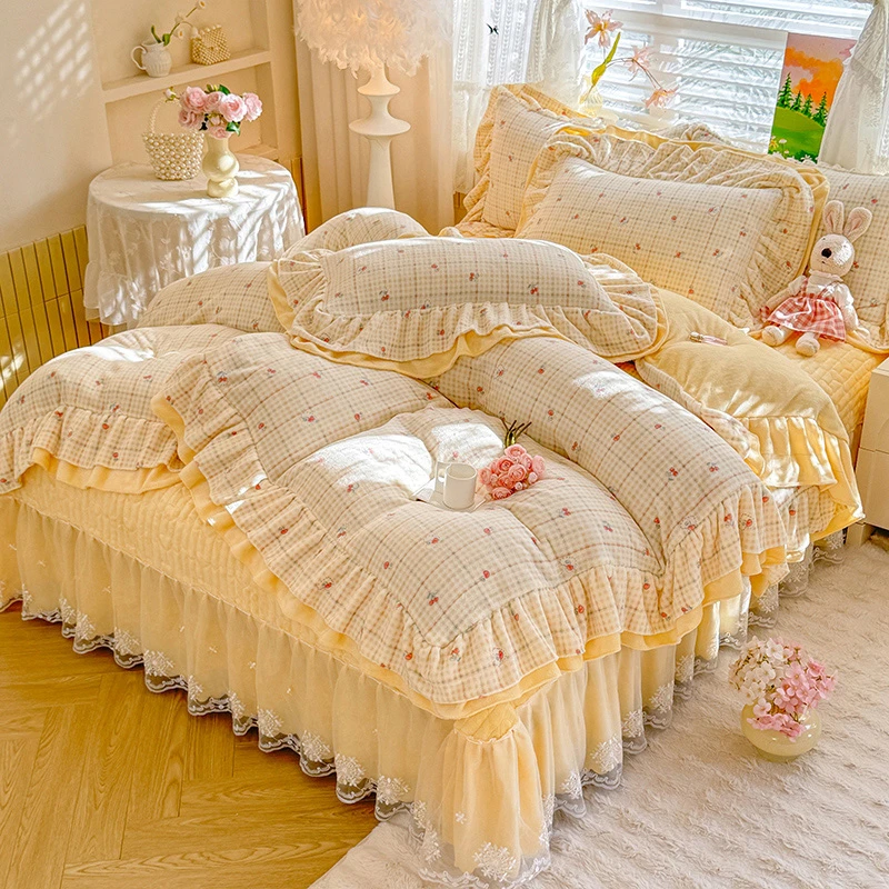 11斤加厚床盖款牛奶绒四件套双层花边双面绒被套防滑防静电可机洗