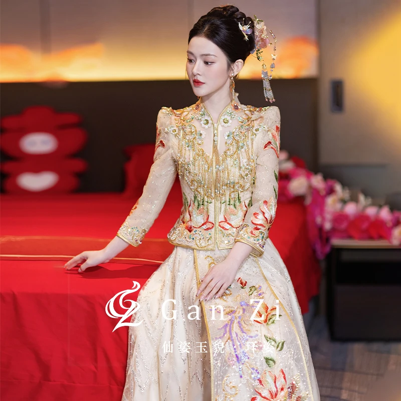 2025新款香槟色秀禾服春夏结婚新娘敬酒服中式嫁衣礼服修身出阁服