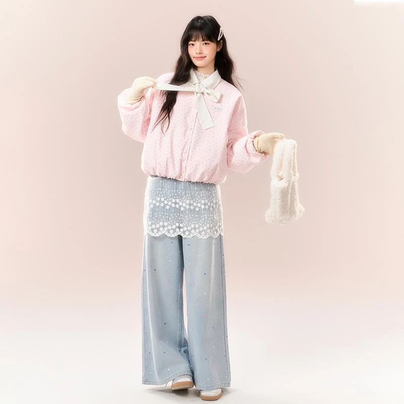 NTOT【爱心草莓】原创蝴蝶结印花粉色甜美系外套羽绒服NOTWT24621