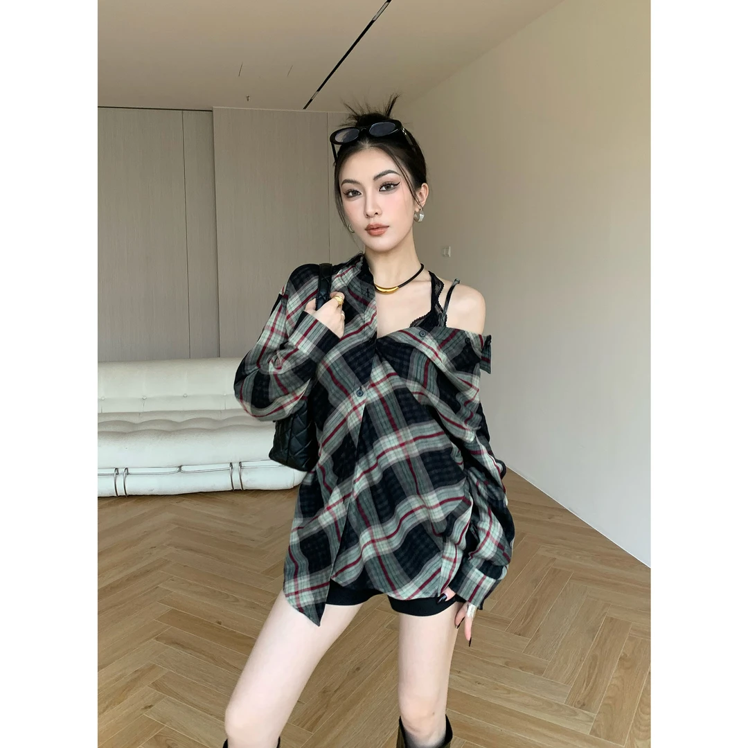 JIJINQI【现货】复古百搭衬衣宽松格纹长袖衬衫上衣女JD01CZXL507