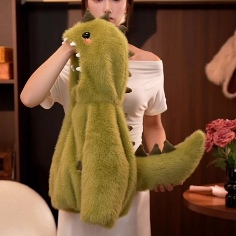 儿童连帽加绒加厚母女装恐龙女宝宝毛毛衣外套女童保暖男童亲子装