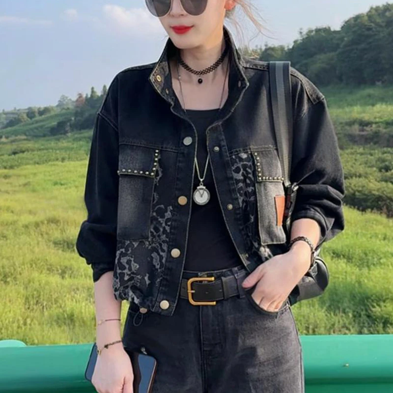 豹纹拼接短款网红牛仔外套女2025秋季新款时尚潮流百搭夹克上衣