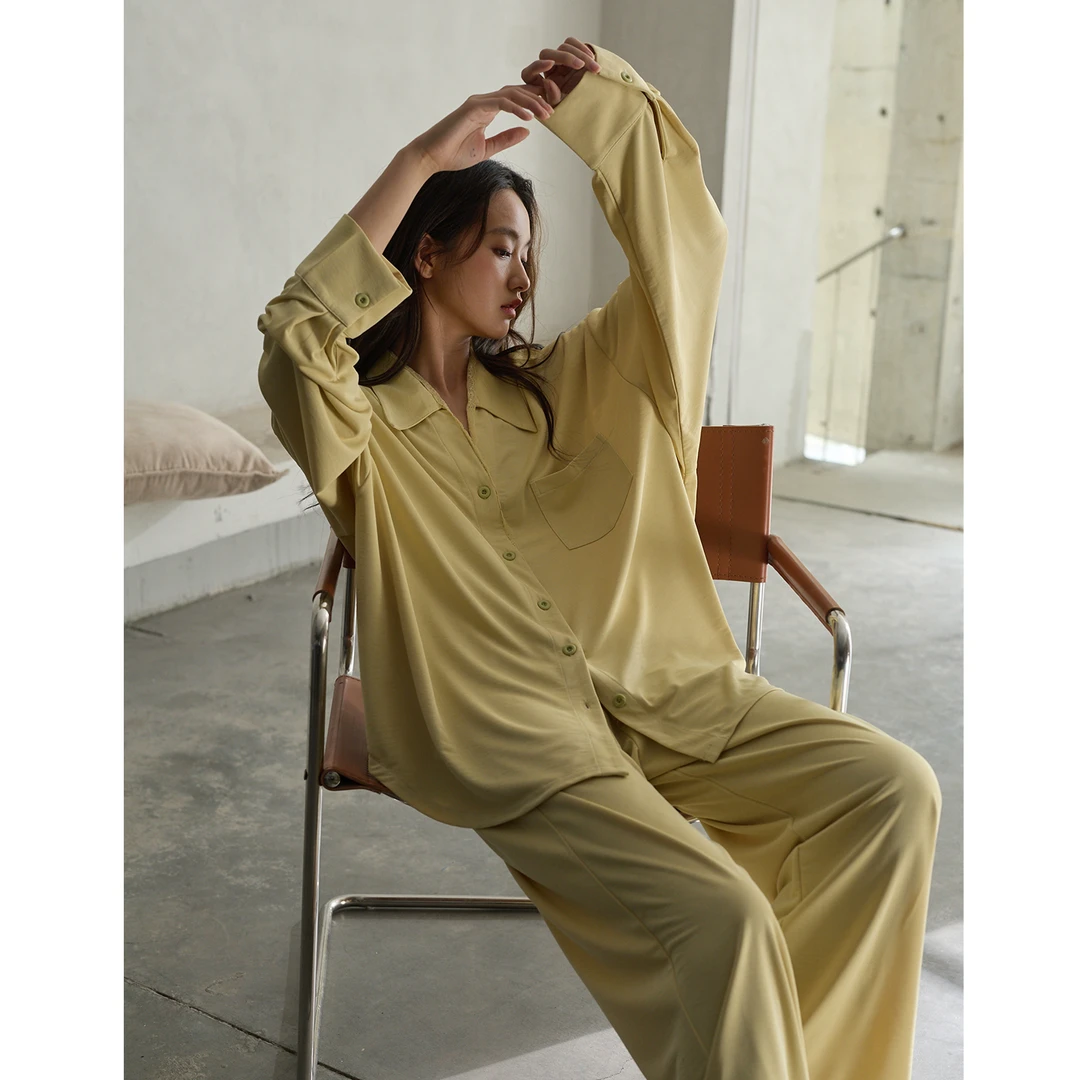 美腾春秋款睡衣女士长袖长裤柔软棉家居服套装纯色开衫可外穿秋冬