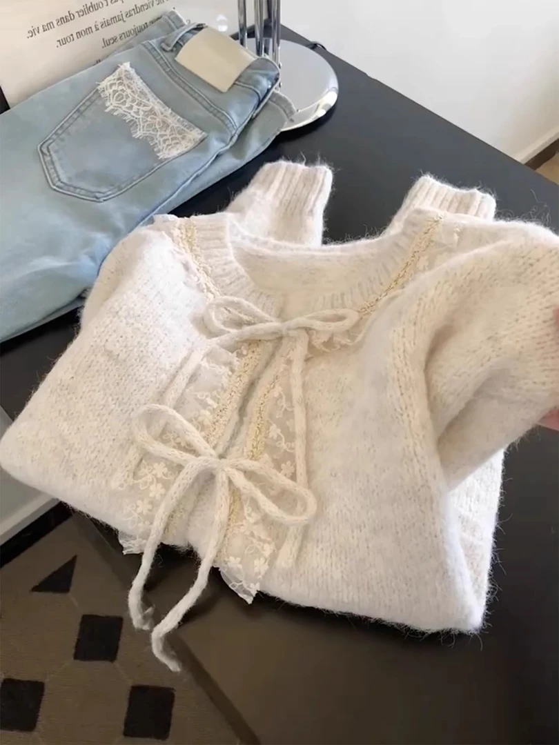设计感蕾丝系带毛衣开衫女2025新款秋冬季慵懒风加厚软糯针织外套
