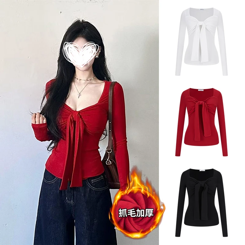Moses Queen/魔西女王抓毛加厚红色蝴蝶结长袖T恤纯欲保暖打底衫