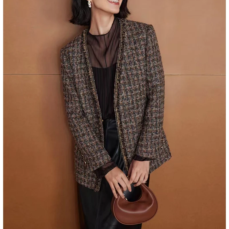 2025春季新款混色格纹时尚洋气高级感优雅百搭小香风外套