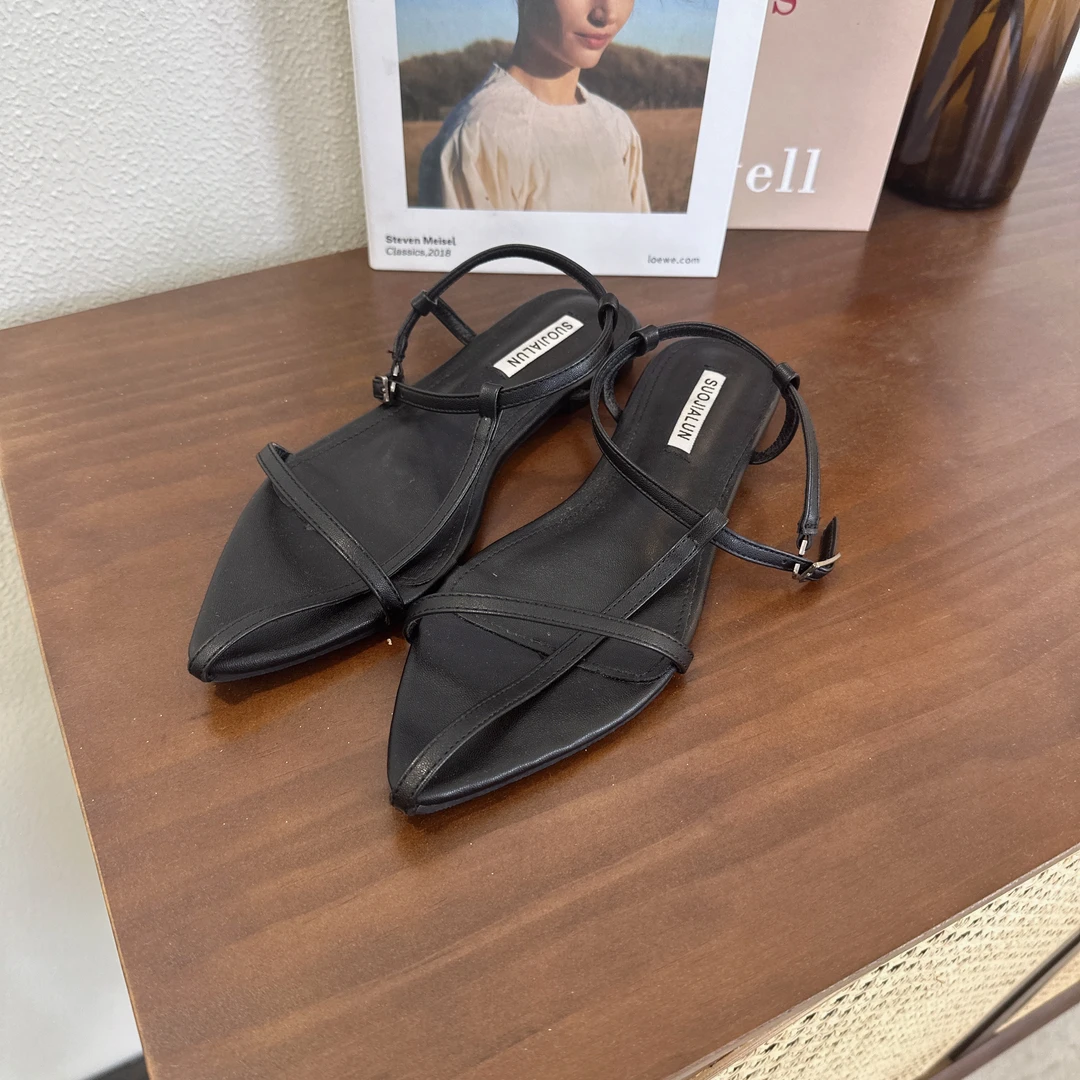 【ZMMY严选私服】夏季新款韩版尖头平底平跟十字扣带凉鞋5070909