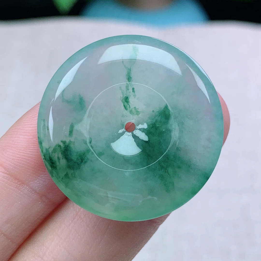 f缅甸天然翡翠A货30.5-6玉石冰种飘花平安扣吊坠礼物冰透气质百搭