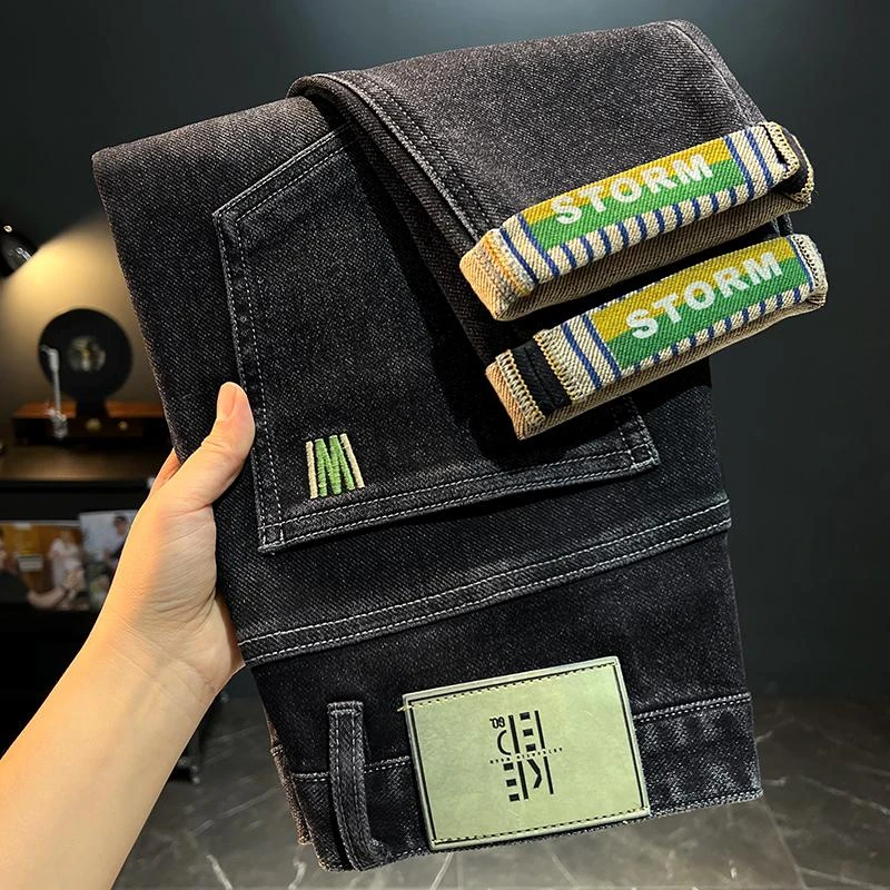 蒂斯派尔春秋高端刺绣牛仔裤男士弹力修身直筒潮流印花时尚长裤子