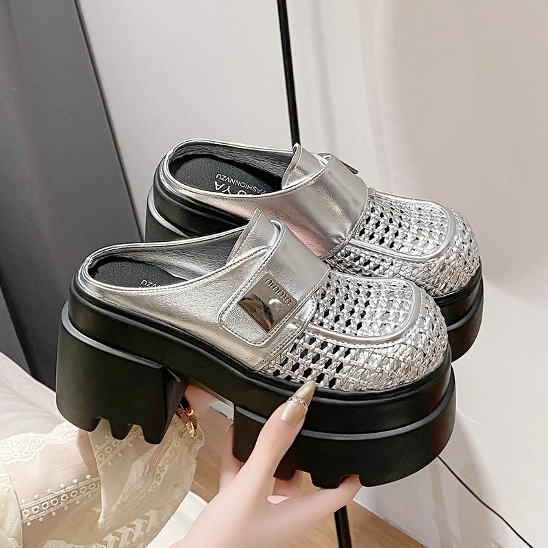 包头半拖鞋女鞋2025新款镂空编织皮厚底松糕大头休闲鞋拖洞洞鞋