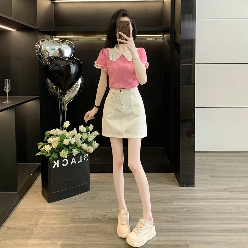 洋气时尚减龄白色牛仔短裙两件套针织短袖T恤套装女夏季两件套