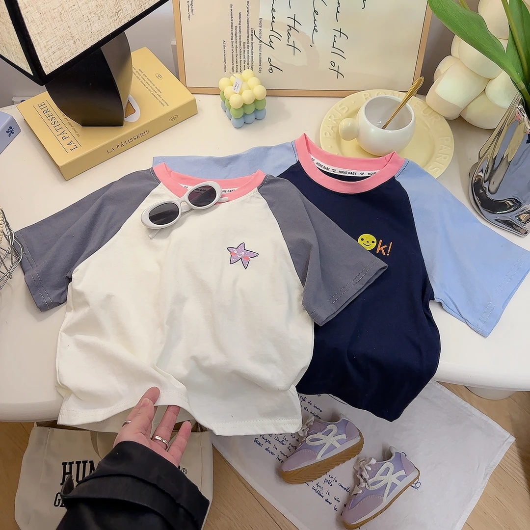 【玲姐专属】清100%棉儿童纯棉短袖韩版夏季男女童撞色印花T恤宝宝