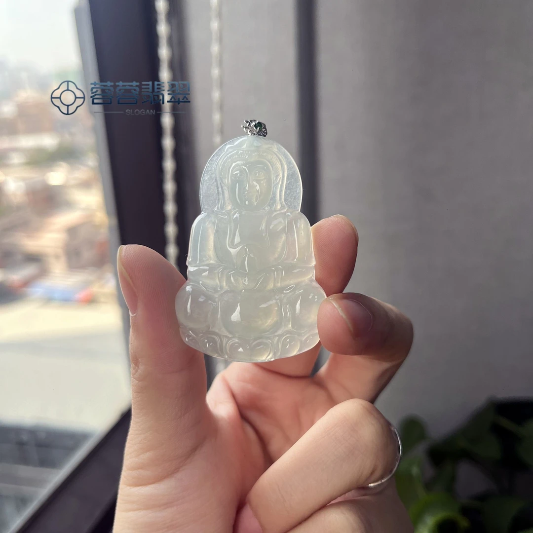 【蓉蓉翡翠】 缅甸天然A货冰种观音翡翠吊坠18K金镶嵌多样性发一