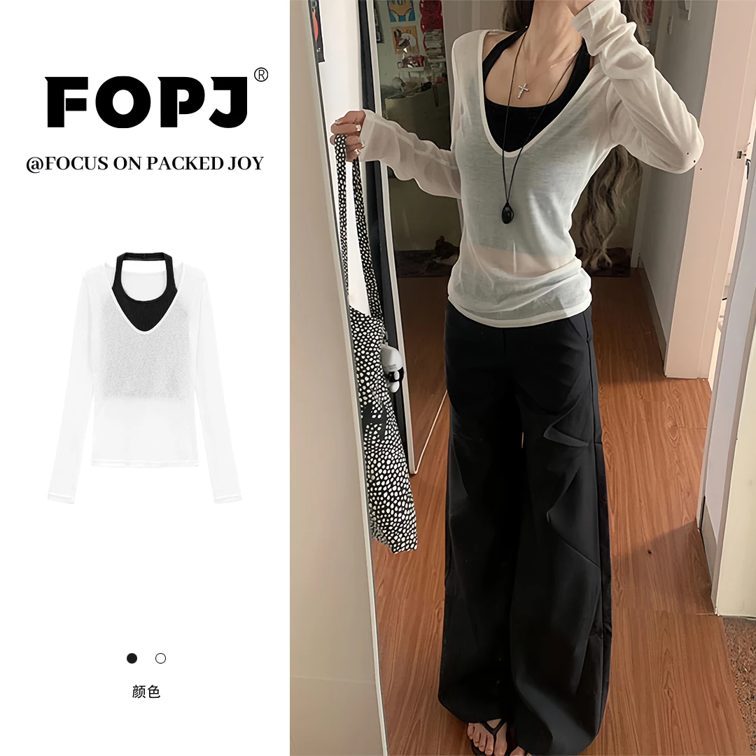 FOPJ欧若风韩系甜辣v领正肩防晒罩衫夏季新款假两件长袖t恤上衣女