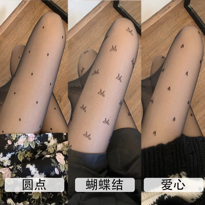 0d波点丝袜防勾丝日系洛丽塔提花蝴蝶结爱心连裤显瘦薄款性感黑丝