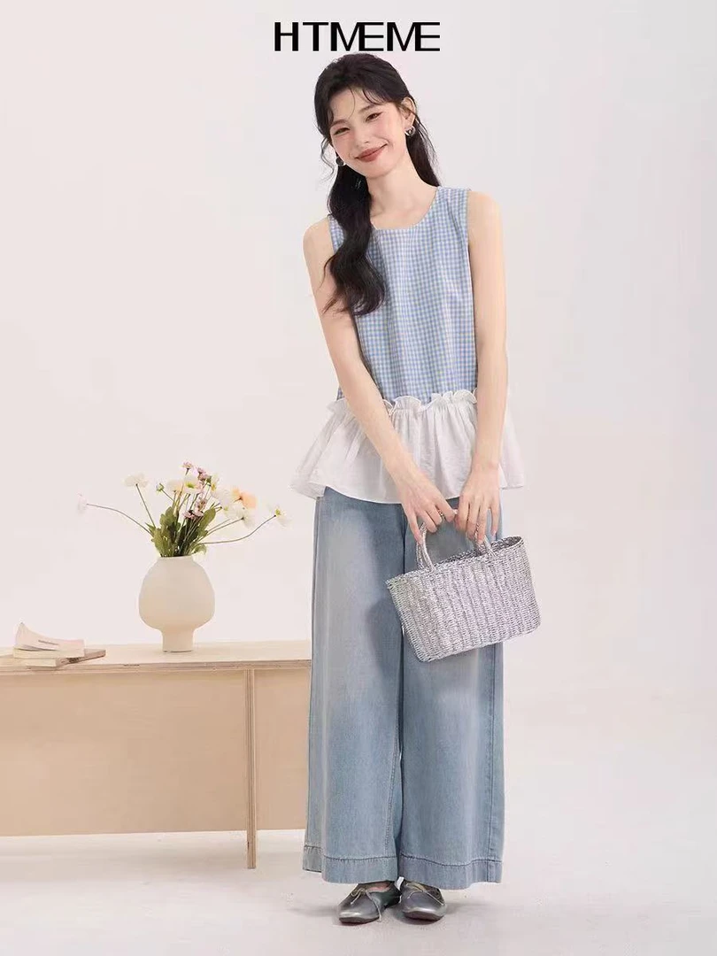 时尚格子拼接荷叶边无袖背心女夏季新款韩版百搭显瘦甜美衬衫上衣