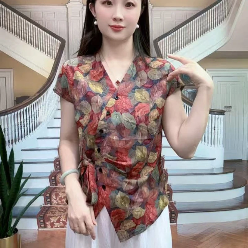 时尚碎花夏季中老年女装V领中式衬衫绑带洋气显瘦071