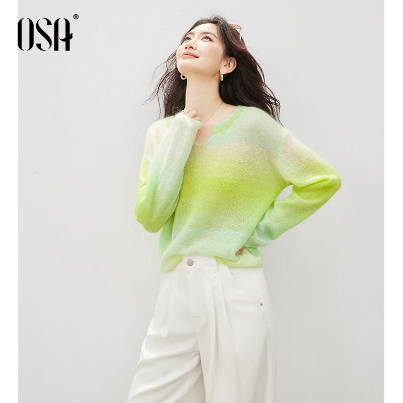 OSA/欧莎 V领马海毛针织衫女新糯段染慵懒感套头衫上衣S125C16015