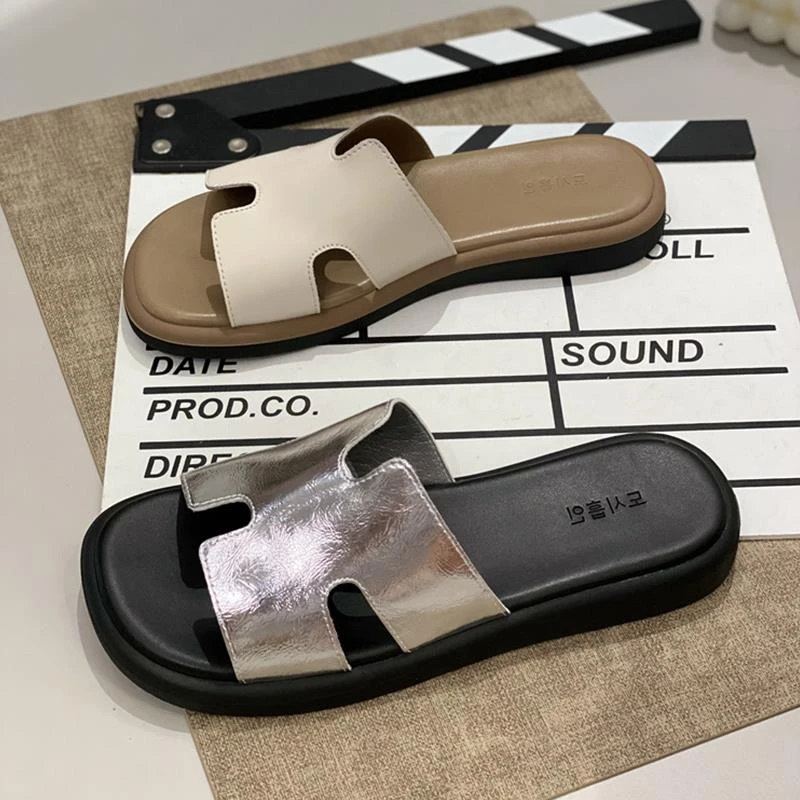 真皮平底低跟拖鞋女2024夏季新款百搭软底舒适露趾轻便外穿沙滩鞋