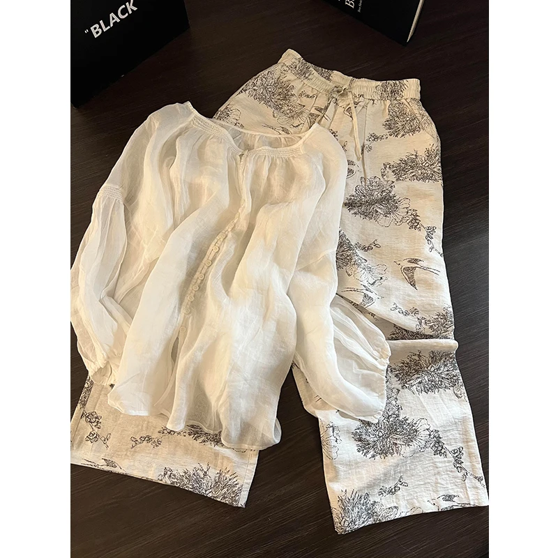 新中式复古水墨花卉睡衣女秋季爆款休闲长袖长裤可外穿家居服套装