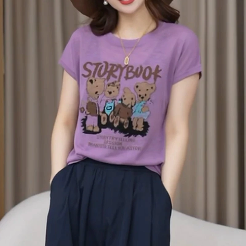 时尚卡通印花冰丝薄款短袖t恤女2025夏季新款设计感洋气减龄上衣