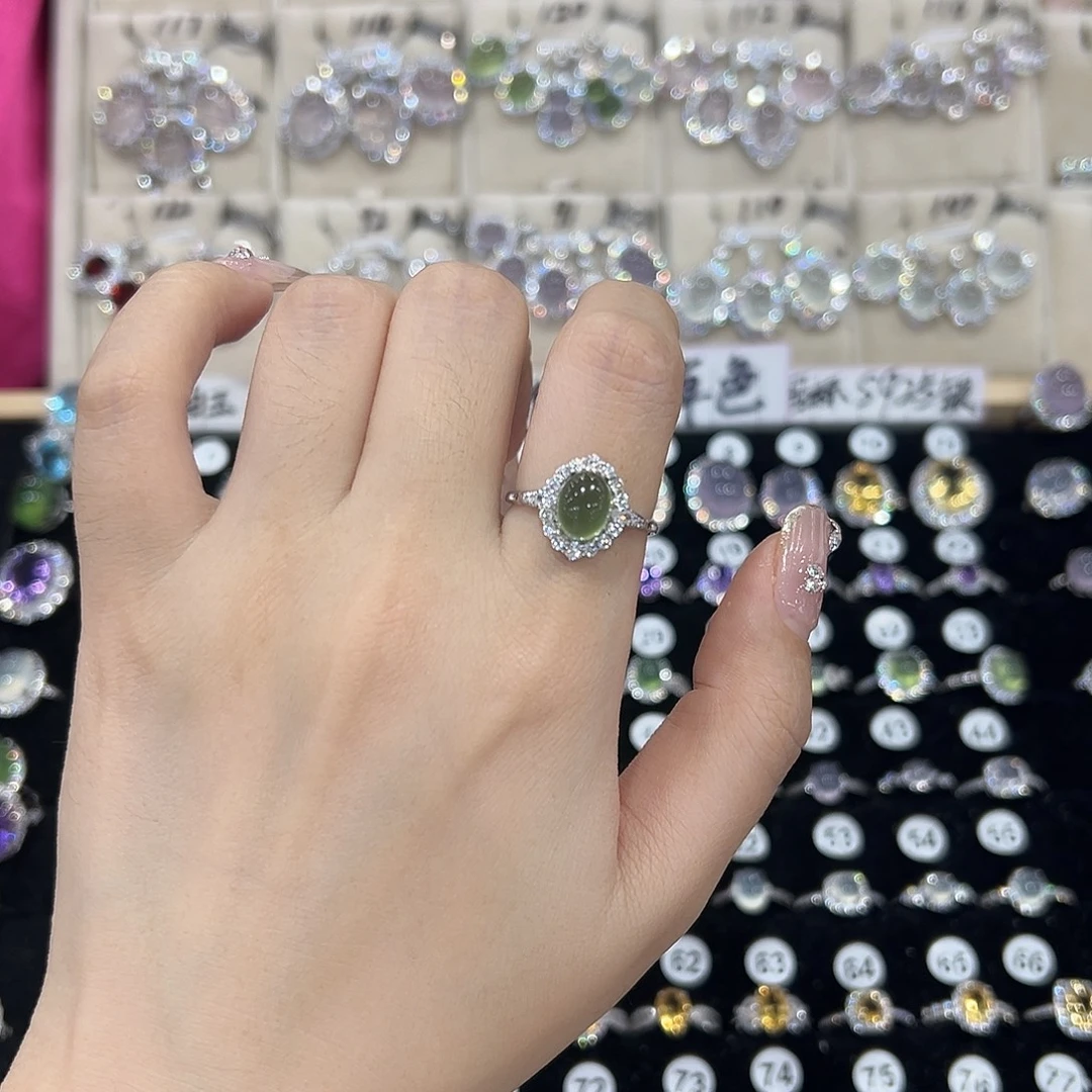 凉***猫蛇纹石玉银S925镶嵌戒指