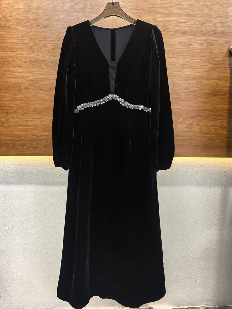 100桑蚕丝真丝丝绒优雅显瘦蕾丝秋季气质时尚黑色原创连衣裙2972