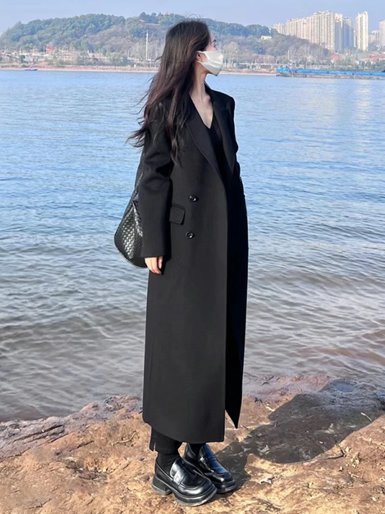 【新品】中长款黑色高个子正肩西装加长版百搭大衣女春季新款风衣