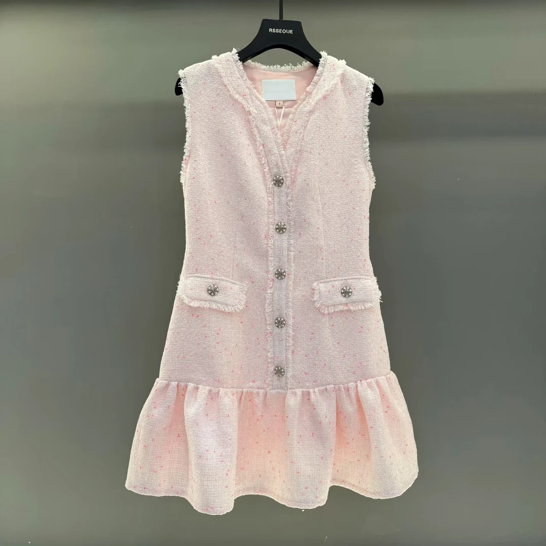 法式优雅气质粉色小香风背心女2025夏季新款拼接显瘦连衣裙L9543