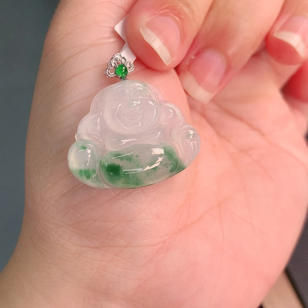 翡翠18K金镶嵌颈饰冰胶飘绿佛公21-27-4.5