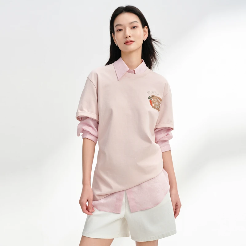 EP雅莹2025春装新款女装 舒适棉质刺绣落肩宽松圆领T恤上衣5348A