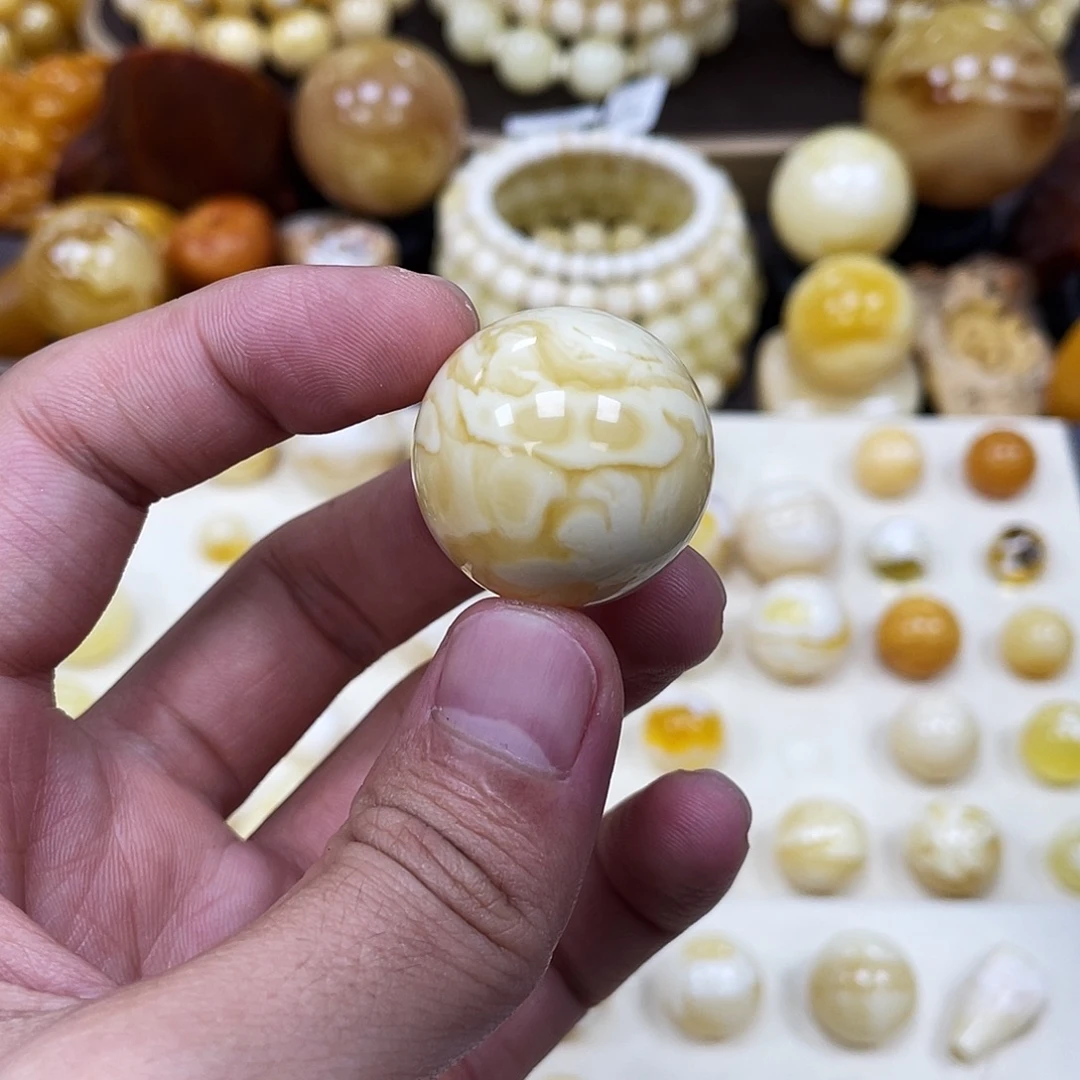 蜜蜡未镶嵌珠宝奇石27.0mm【虎皮妖花石膏白】圆珠