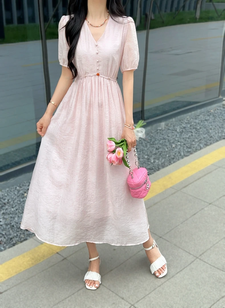 A562 镶钻后松紧系带高腰V领气质天丝中长连衣裙夏装欧货复古时尚