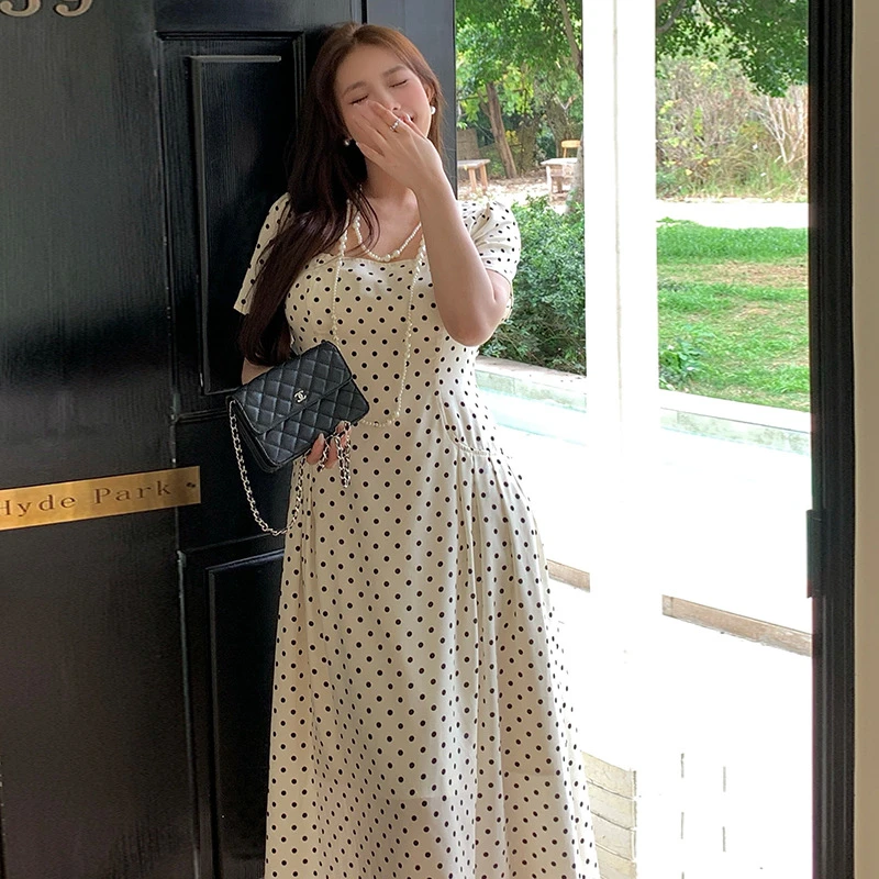 大码女装高级感法式桔梗方领白色 波点连衣裙御姐气质A字裙