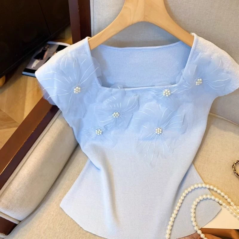 轻熟风无袖夏季花朵法式毛针织衫绣花中式衬衫修身