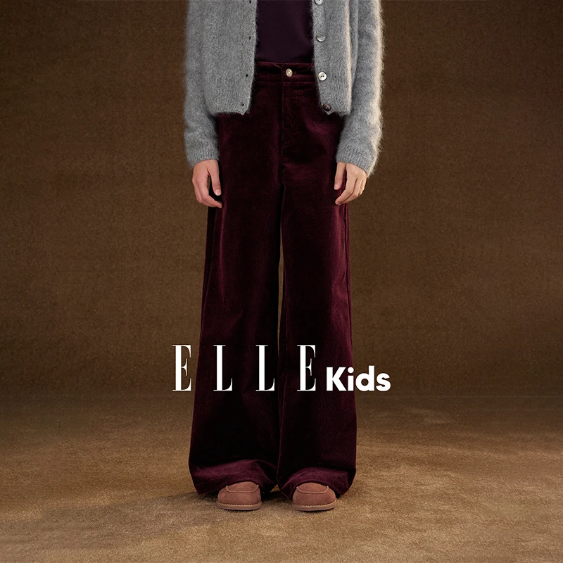 ELLE KIDS童装 灯芯绒休闲裤女童冬季新款复古宽松直筒裤子D6