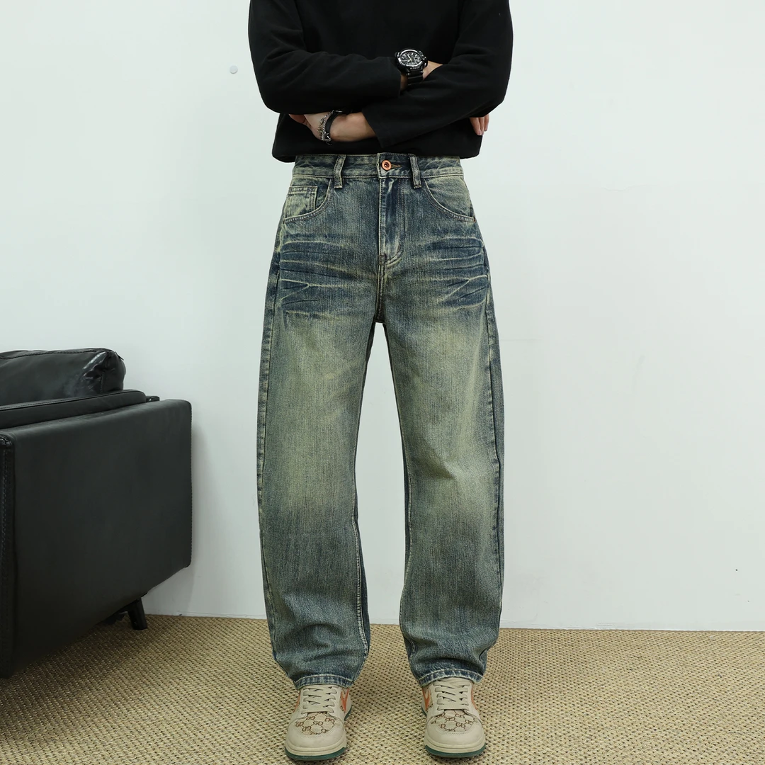 美式高街复古vintage水洗蓝色男士弯刀直筒牛仔裤潮流百搭长裤男