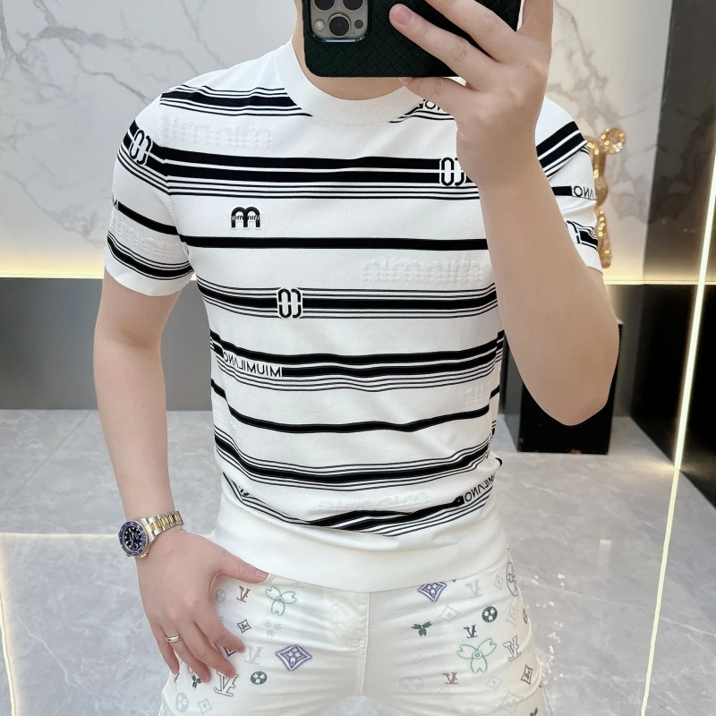 度尚-2025新款男士夏季高品质冰麻针织时尚潮流休闲圆领短袖t恤