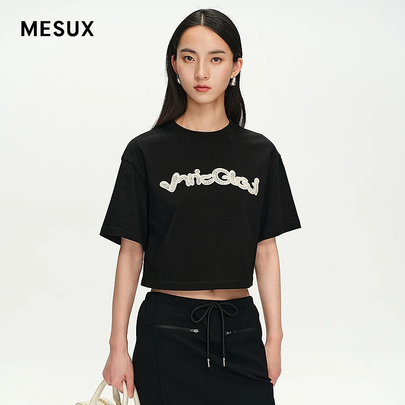 MESUX米岫25夏新品长绒棉宽松字母刺绣设计短款短袖T恤MNMUB317
