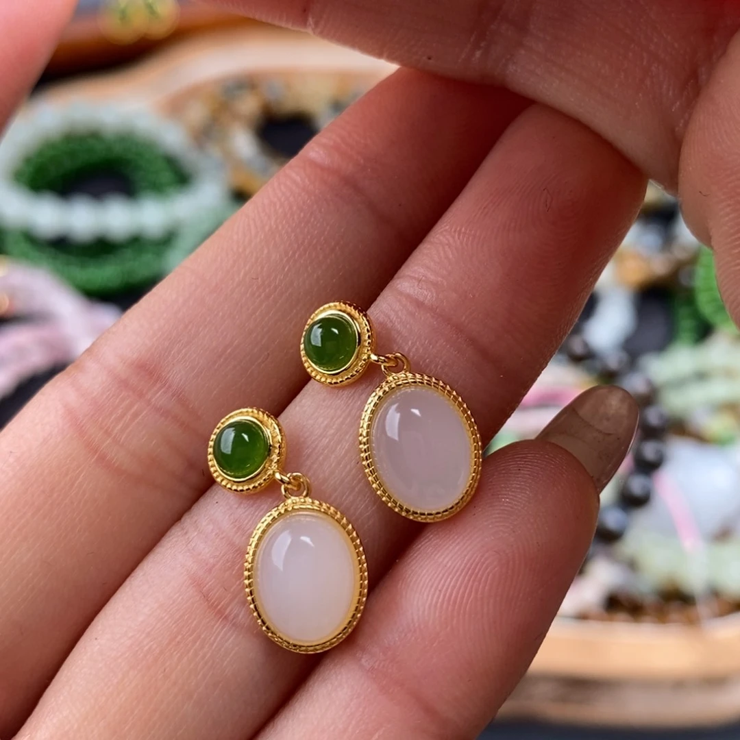 和田玉白冰耳坠银S925镶嵌